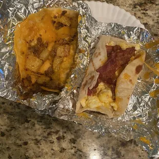 Potato, chorizo and cheese and bacon and egg with cheese