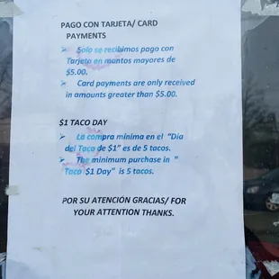 Menu for taco day, 5 taco minimum for taco deal and $5 minimum for card