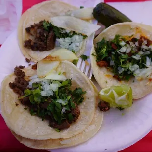 Tacos de Al pastor, asada, and pollo.