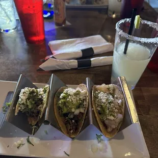 Two asada street tacos and 1 shrimp street taco