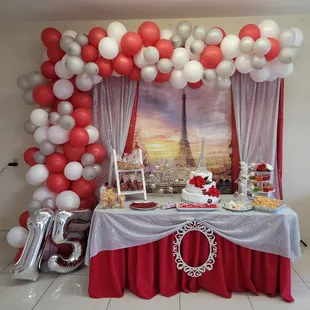 a dessert table with balloons