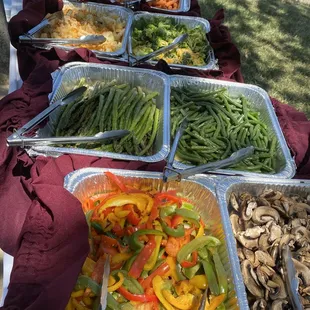 vegetarian set up: bell peppers, mushrooms, green beans,  asparagus