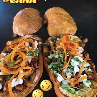 Pastor torta topped with pickled onions