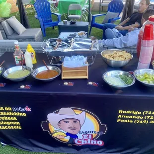 a table set up with food