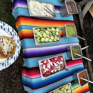 Salsas &amp; toppings -  the onions had to have something magic in them to taste as good as they did!