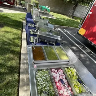 Beautiful spread with side orders,salsa bar and aguas frescas