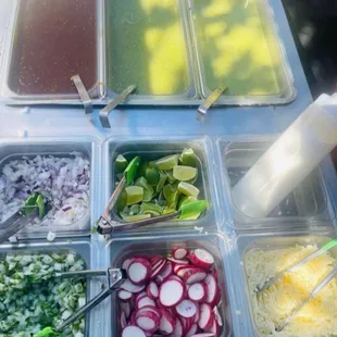 Everything you need to put inside your taco plus three varieties of salsa.