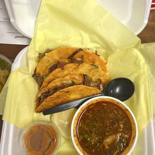 3 quesabirria tacos, consome, red &amp; green salsa