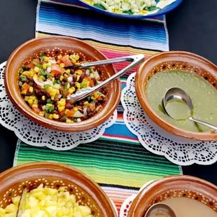Our delicious salsas and toppings, including corn salsa and fresh pineapple!