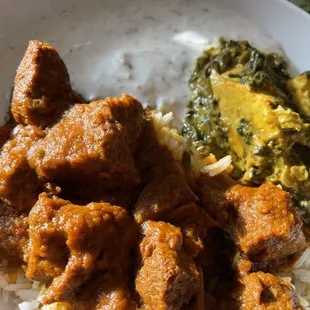 Lamb Rogan Josh, Basmati rice, Saag Paneer &amp; Raita- so good!