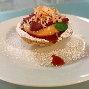 New Trephenah Tartlet! Butter crust with vegan vanilla custard, lemon curd layer, roasted maple-vanilla strawberries and toasted coconut