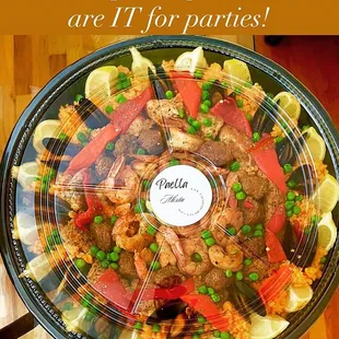 Our paella platters are filled with your choice of rice and chicken, sausage, shrimp and mussels