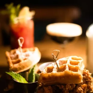 Chicken and Waffles and a bloody mary, available during our boozy bottomless brunch.