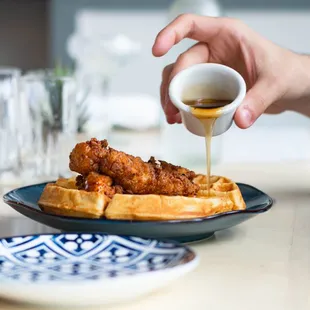 Chicken and Waffles served during our Bottomless Brunch on Saturdays and Sundays.