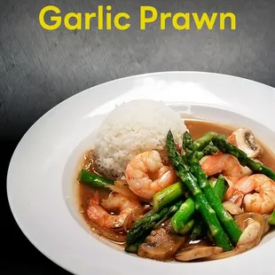 garlic prawn with asparagus and mushrooms