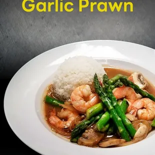 garlic prawn with asparagus and mushrooms