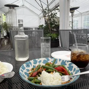 Patio &amp; green beans peppers chicken rice.