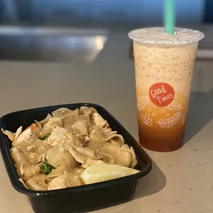 Chicken Pad See Ew and Thai Tea