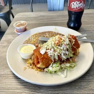 Chicken Chimichanga with a Dr. Pepper.