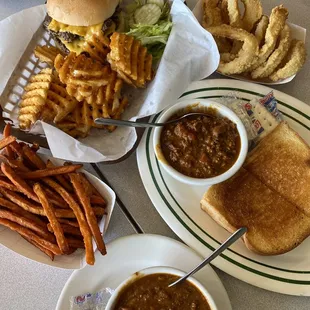 Double cheeseburger, grilled cheese, chili, sweet potato fries, onion rings, and waffle fries
