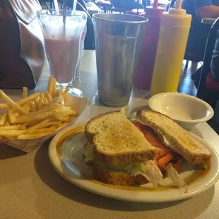 BLT, fries and a strawberry shake