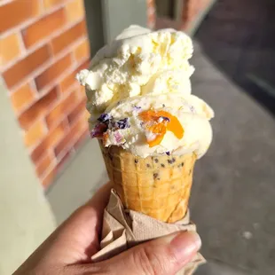 Combo scoop of Sage and Garden Delight (with colorful, edible flowers) on a black sesame waffle cone.