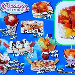 a menu for a variety of desserts