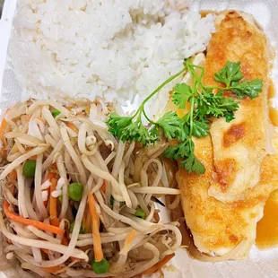 a meal in a styrofoam container