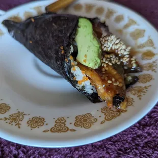 Unagi and avocado hand roll