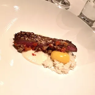 Gyudon beef bowl with egg yolk