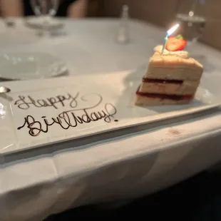 Complimentary birthday cake was a light strawberry angel cake