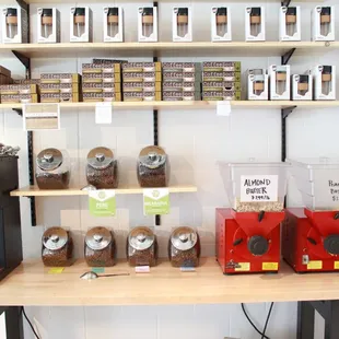 a variety of coffees on shelves