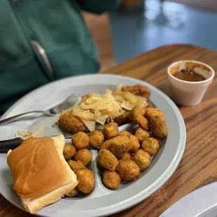 Country Fried Steak with Fried Okra and a bun