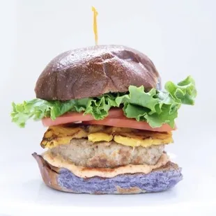 Hawaiian style burger with taro buns