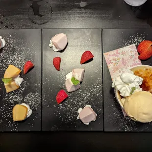 Mochi ice cream and sweet potato creme brulee