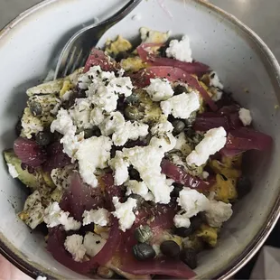 Steak and egg bowl with feta avocado pickled onion &amp; cappers. Can be made to order.