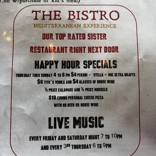 Specials and live music