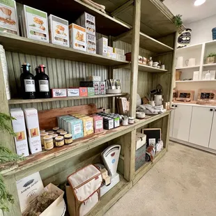 a shelf of food items