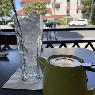 a cup of coffee and a glass of water on a table