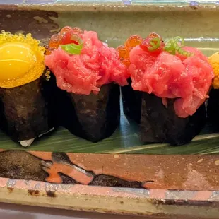 Ikura with quail egg, toro, uni