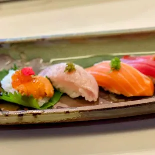 salmon, uni, yellowtail, tuna, toro, angawa
