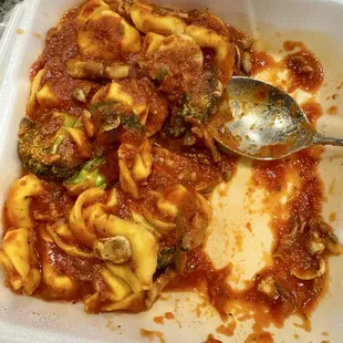 Tortellini - tomato sauce - add seasonal veggies