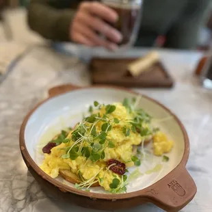 Scramble Eggs on Brioche with Cream Cheese and Green Onions