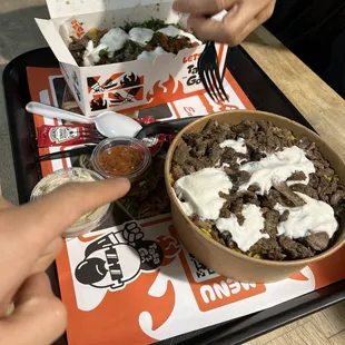 Beef shawerma fattah, beef shawarma fries