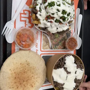 Beef shawarma fattah and shawarma fries