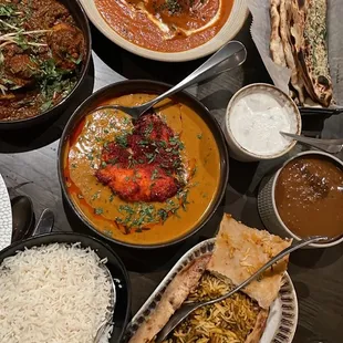 MURGH ADRAKI MASALA, MURGH TIKKA MASALA, MALAI FISH CURRY, DAAL MAKHANI, GARLIC NAAN AND PARDA CHICKEN BIRYANI