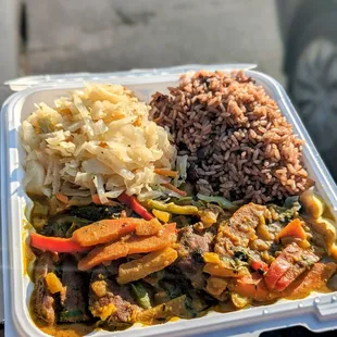 Vegan Curry Salmon, Rice and peas with Cabbage