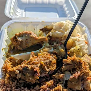 Curry chicken rice peas and cabbage
