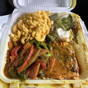 Curry Salmon, Mac and cheese, cabbage.