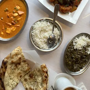 Mattar Paneer, Lamb Chilli Momo, Lamb Saag, and Garlic Rosemary Naan, and chai tea - all so delicious!